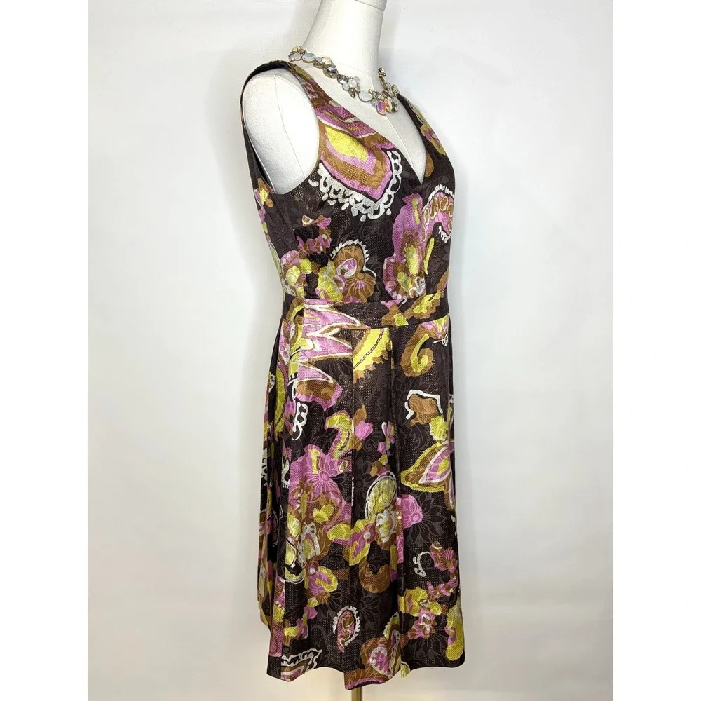 Tory Burch Silk Metallic Paisley Floral V-Neck Fit & Flare Cocktail Dress  4